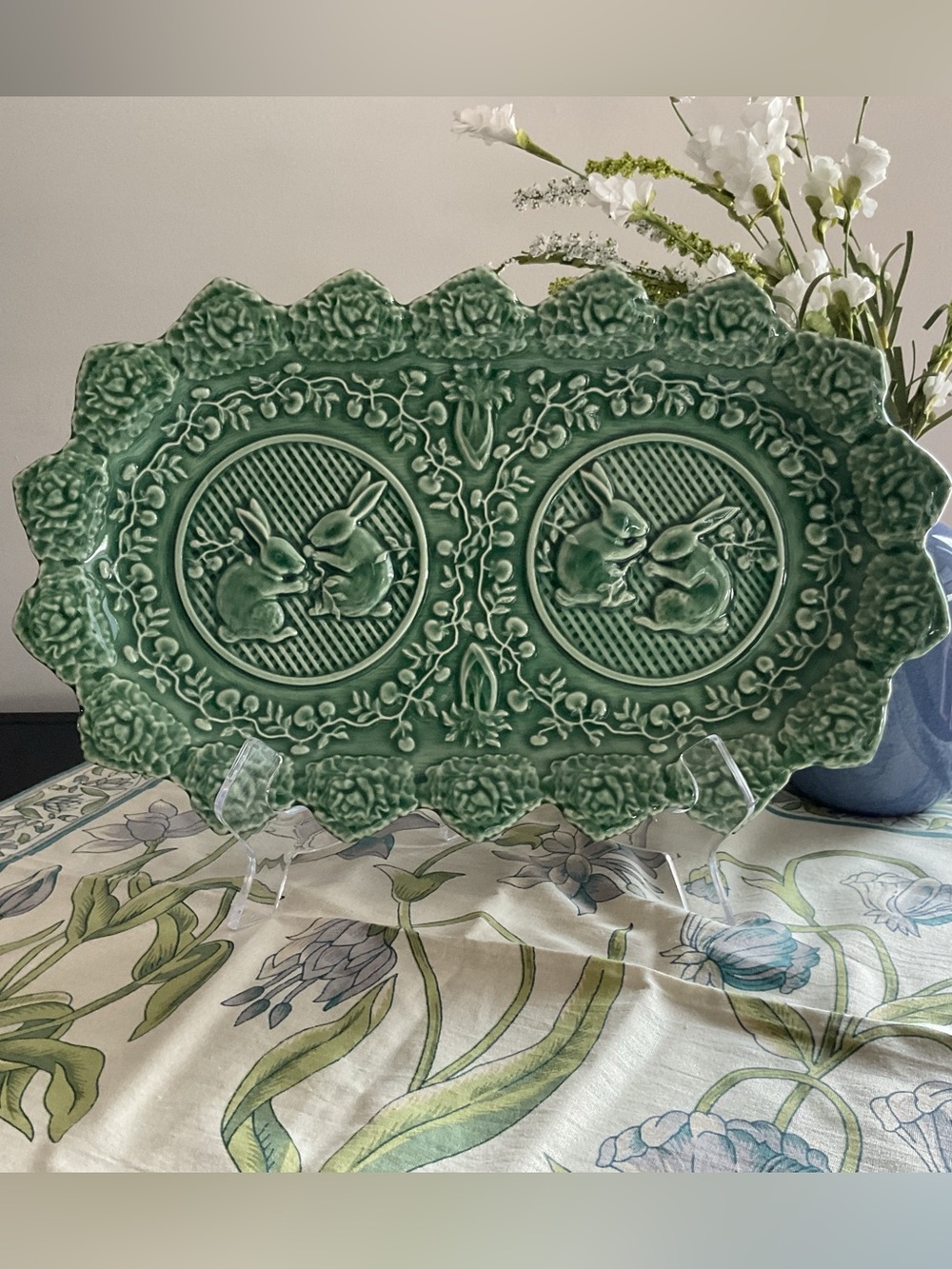 Vintage 1980s Bordallo Pinheiro Green Ceramic Rabbit Sandwich Tray/Platter 13”